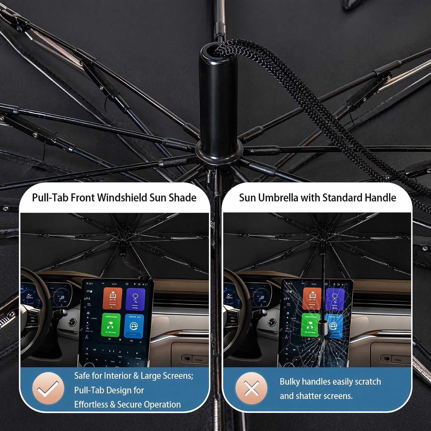 Foldable Windshield Sun Shade Umbrella, UV Block Car Sun Protector with Pull‑Ring