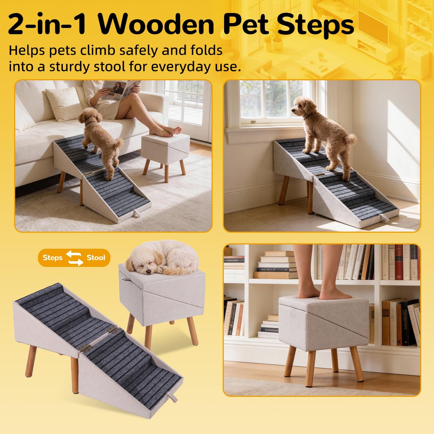 Foldable 2-in-1 Dog Stairs Ottoman, Non-Slip Wooden Pet Steps for Small Puppy & Senior Injured Dogs