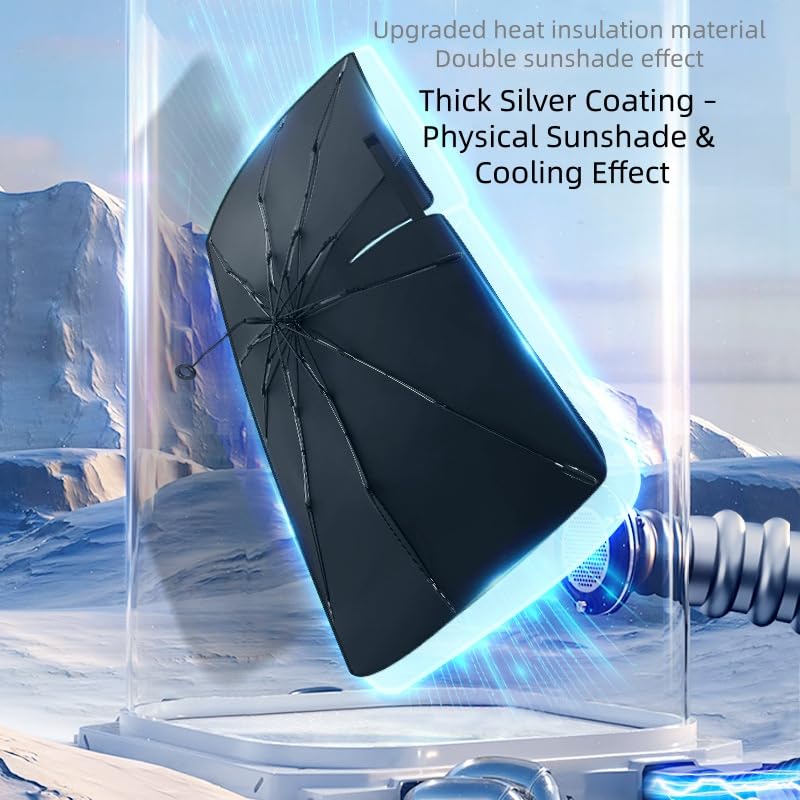 Foldable Windshield Sun Shade Umbrella, UV Block Car Sun Protector with Pull‑Ring