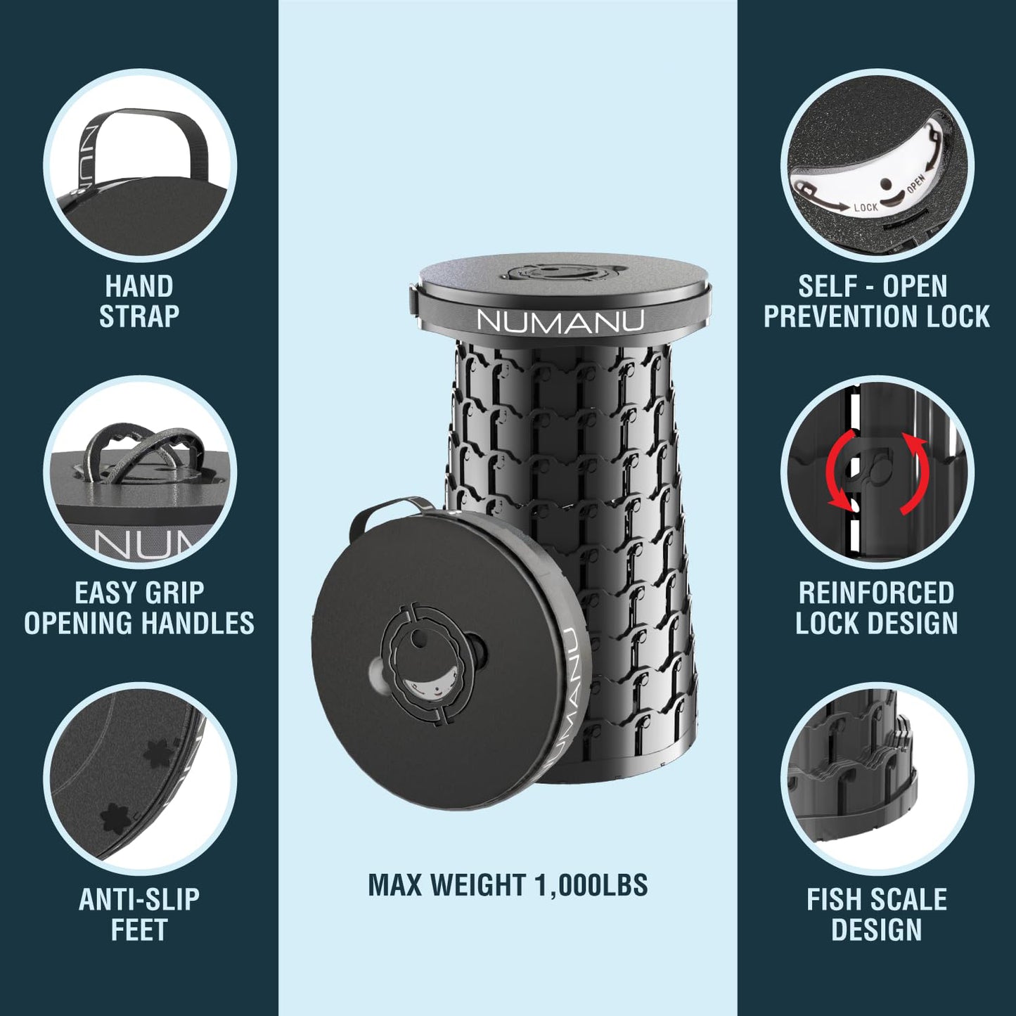 XXL Collapsible Pop Up Stool 19.7", 1000lbs Heavy Duty Portable Folding Outdoor Camping Stool