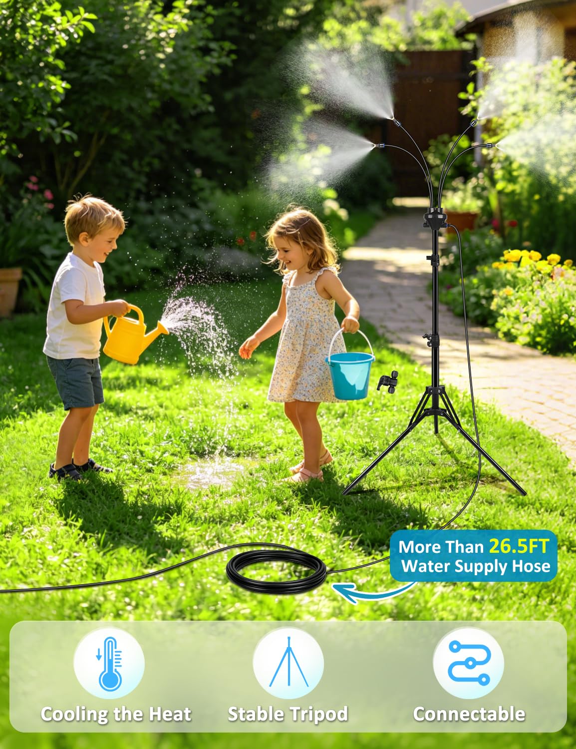 5.25FT Adjustable Standing Outdoor Mister with 26.5FT Misting Line for Patio Backyard Cooling