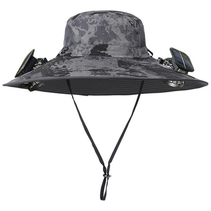 Unisex Wide Brim Sun Hat Built-in 2 Solar Cooling Fans, Waterproof Breathable Outdoor Fishing Bucket Hat