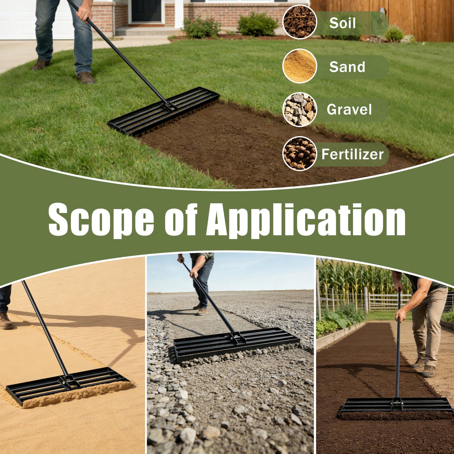 Heavy Duty Lawn Level Rake for Garden Yard Sports Field Soil Sand Leveling