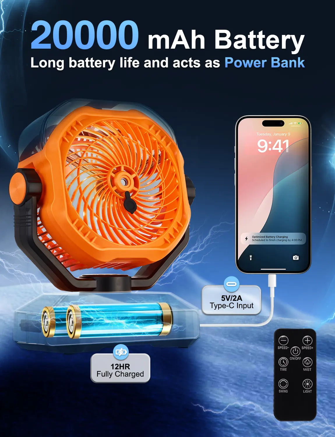 20000mAh Battery‑Powered Misting Fan, 90‑Degree Oscillating Hanging & Standing Outdoor Fan with LED Light