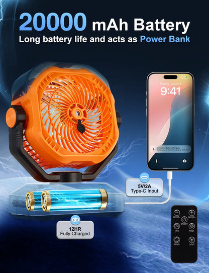 20000mAh Battery‑Powered Misting Fan, 90‑Degree Oscillating Hanging & Standing Outdoor Fan with LED Light