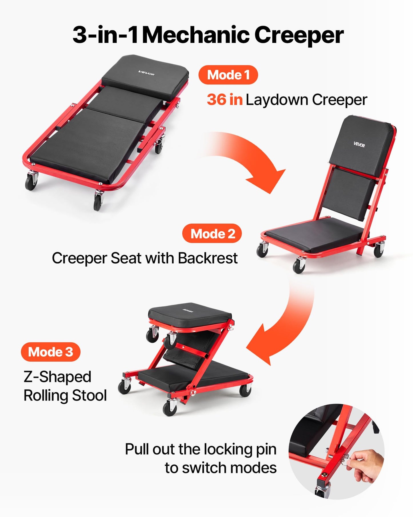 3-in-1 Z-Type Mechanic Creeper, 36 Inch Folding Under Car Rolling Garage Roller with Swivel Casters for Vehicle Repair