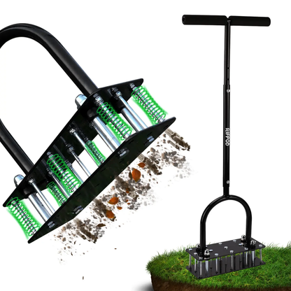 Adjustable Height Manual Lawn Aerator, 15 Iron Spikes Self‑Clean Grass Aerator Black for Yard