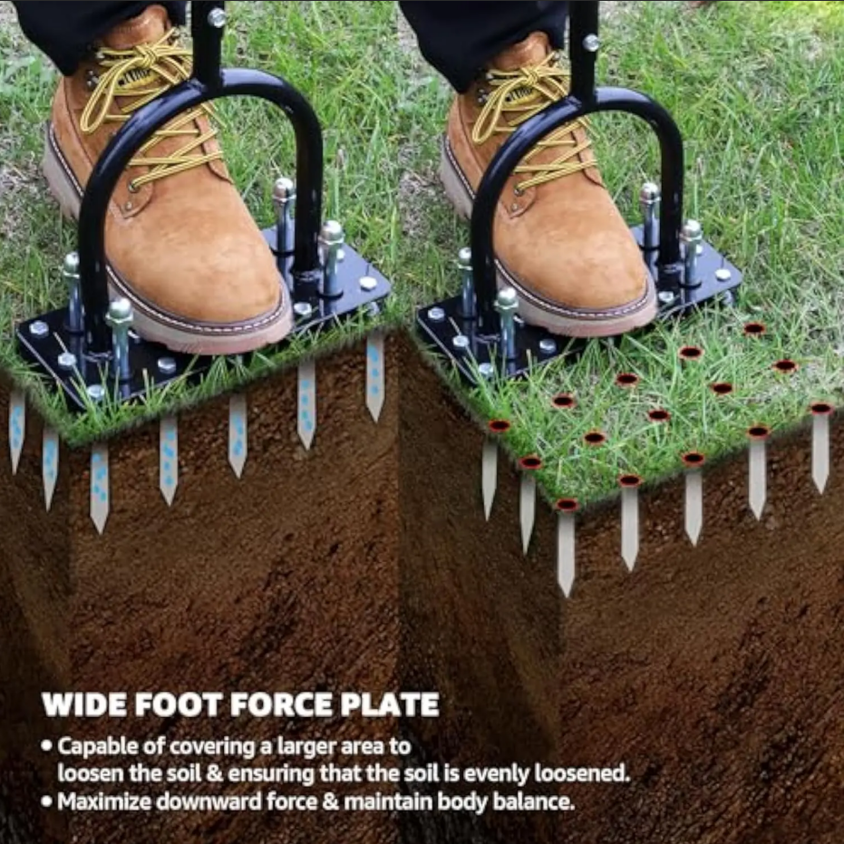 Adjustable Height Manual Lawn Aerator, 15 Iron Spikes Self‑Clean Grass Aerator Black for Yard