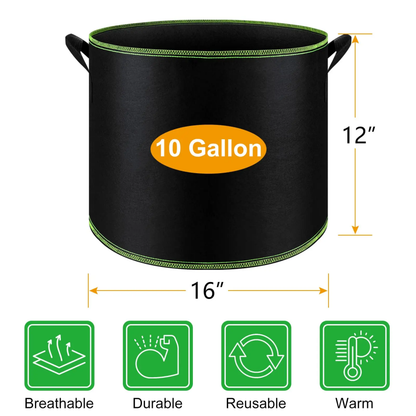 10 Gallon Thickened Fabric Grow Bags with Handles, 16"x12.5" Portable Garden Planters for Plants