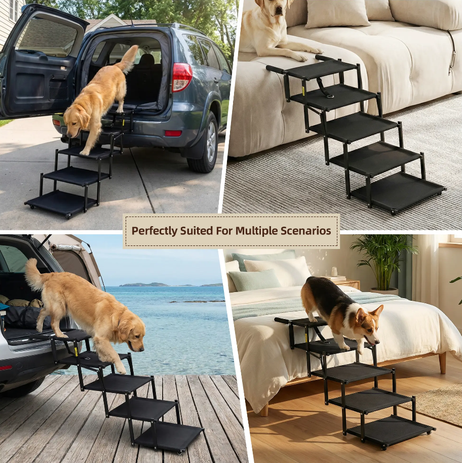 Foldable 5‑Step Pet Dog Steps with Anti‑Slip Surface, Portable Dog Stairs for SUV & Trucks