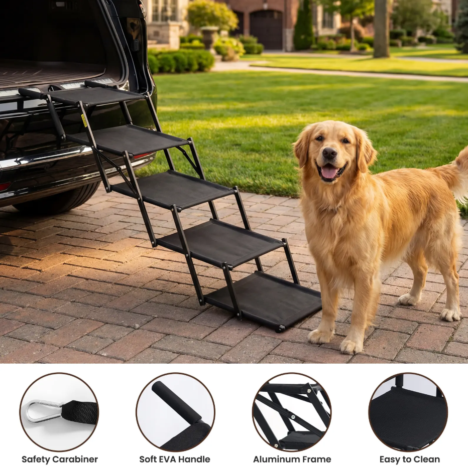 Foldable 5‑Step Pet Dog Steps with Anti‑Slip Surface, Portable Dog Stairs for SUV & Trucks