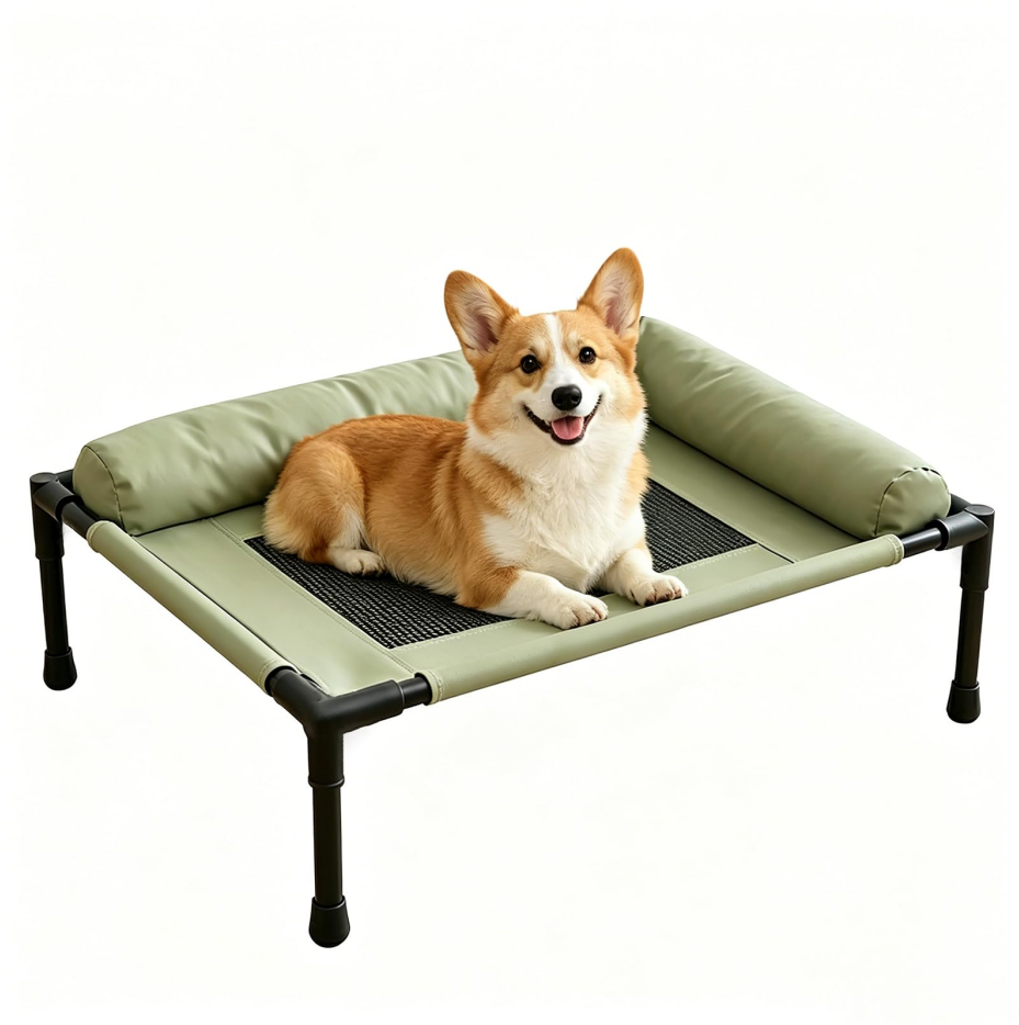 Cooling Elevated Bolster Dog Bed, Breathable Mesh Raised Dog Cot with Metal Frame