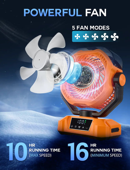 20000mAh Battery‑Powered Misting Fan, 90‑Degree Oscillating Hanging & Standing Outdoor Fan with LED Light