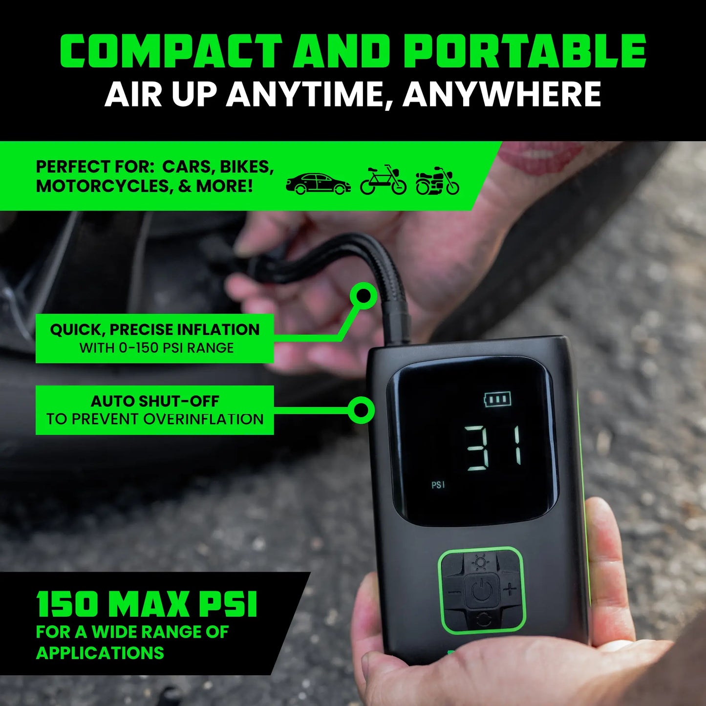 150 PSI Portable Car Tire Inflator Air Compressor with Digital Pressure Gauge