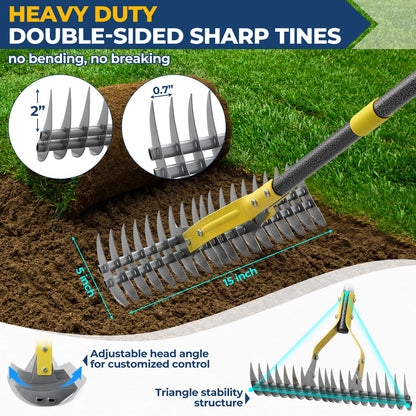 70‑Inch Metal Dethatching Rake, 15 Inch Wide Double‑Edged Sharp Tines for Lawn Care