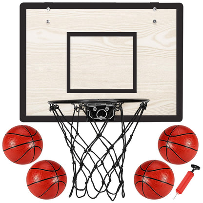 Wooden Over The Door Mini Basketball Hoop, Mini Hoop Set with 4 Balls & Pump for All Ages
