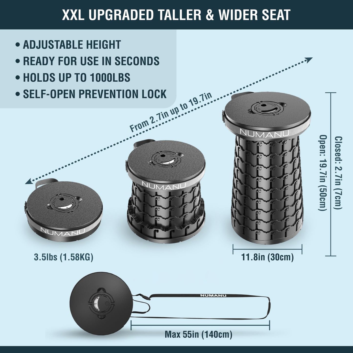 XXL Collapsible Pop Up Stool 19.7", 1000lbs Heavy Duty Portable Folding Outdoor Camping Stool