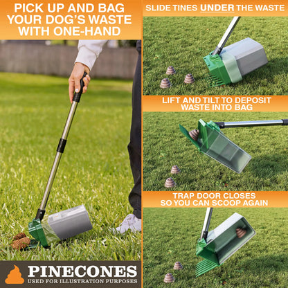 22" Pole One-Hand Dog Pooper Scooper, Scoop-to-Bag Pet Waste Cleaner