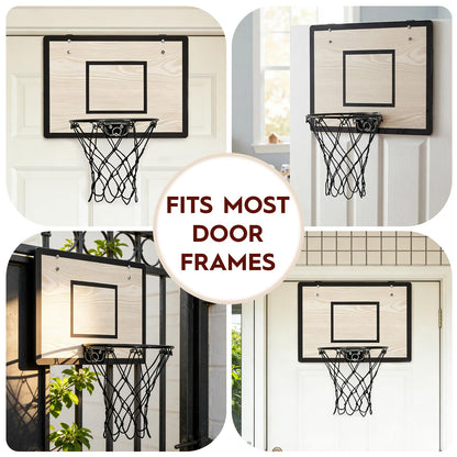 Wooden Over The Door Mini Basketball Hoop, Mini Hoop Set with 4 Balls & Pump for All Ages
