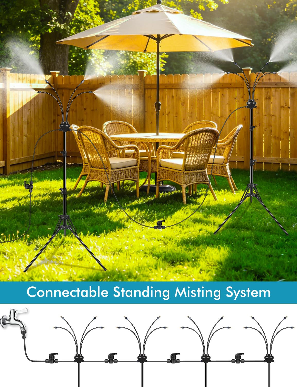 5.25FT Adjustable Standing Outdoor Mister with 26.5FT Misting Line for Patio Backyard Cooling
