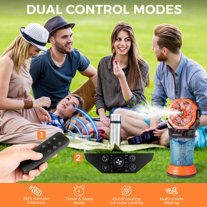 120° Oscillating Portable Misting Fan, 20000‑mAh Battery Outdoor Fan with Remote & RGB Light