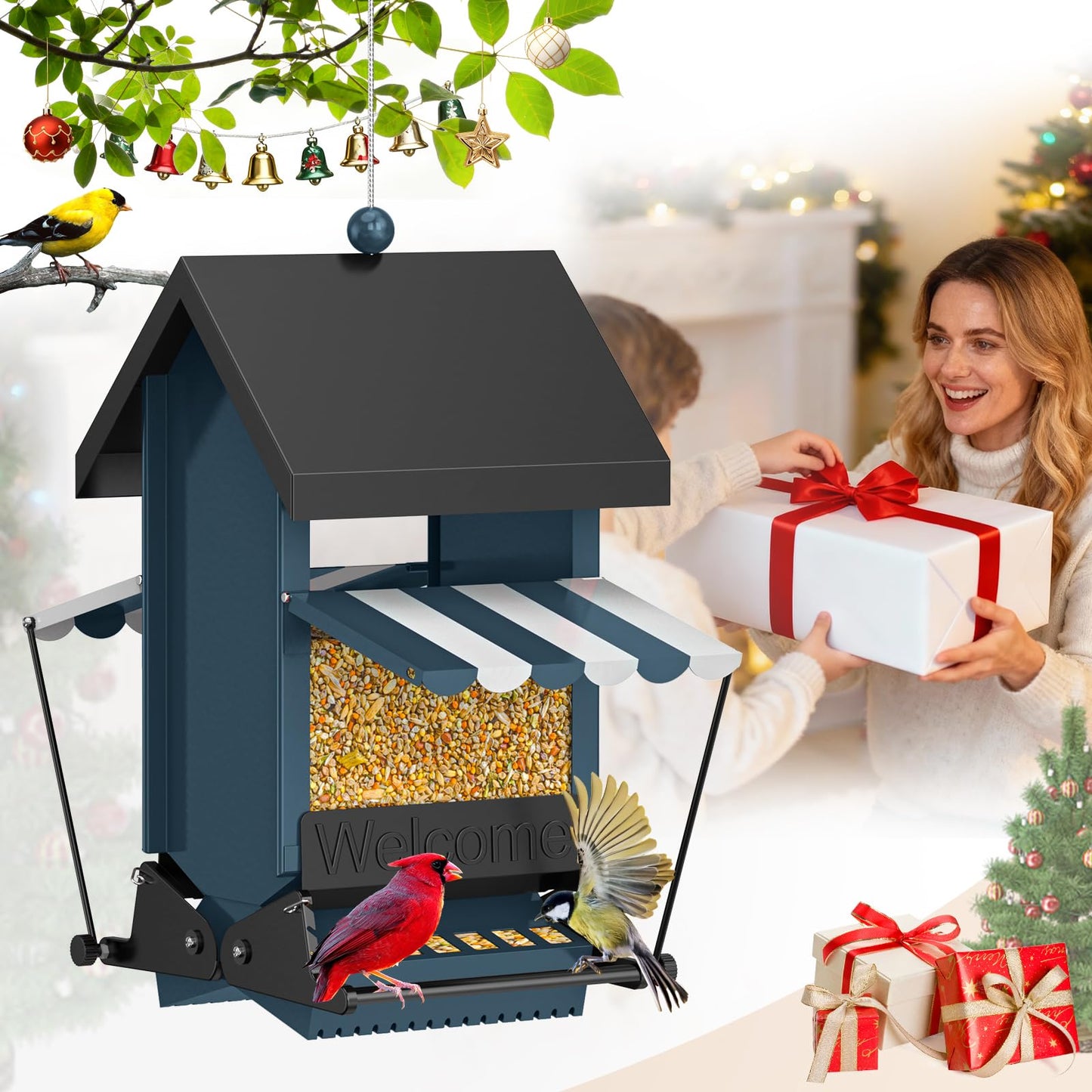 5LB Squirrel Proof Hanging Wild Bird Feeder, Heavy Duty Metal Outdoor Bird Feeder