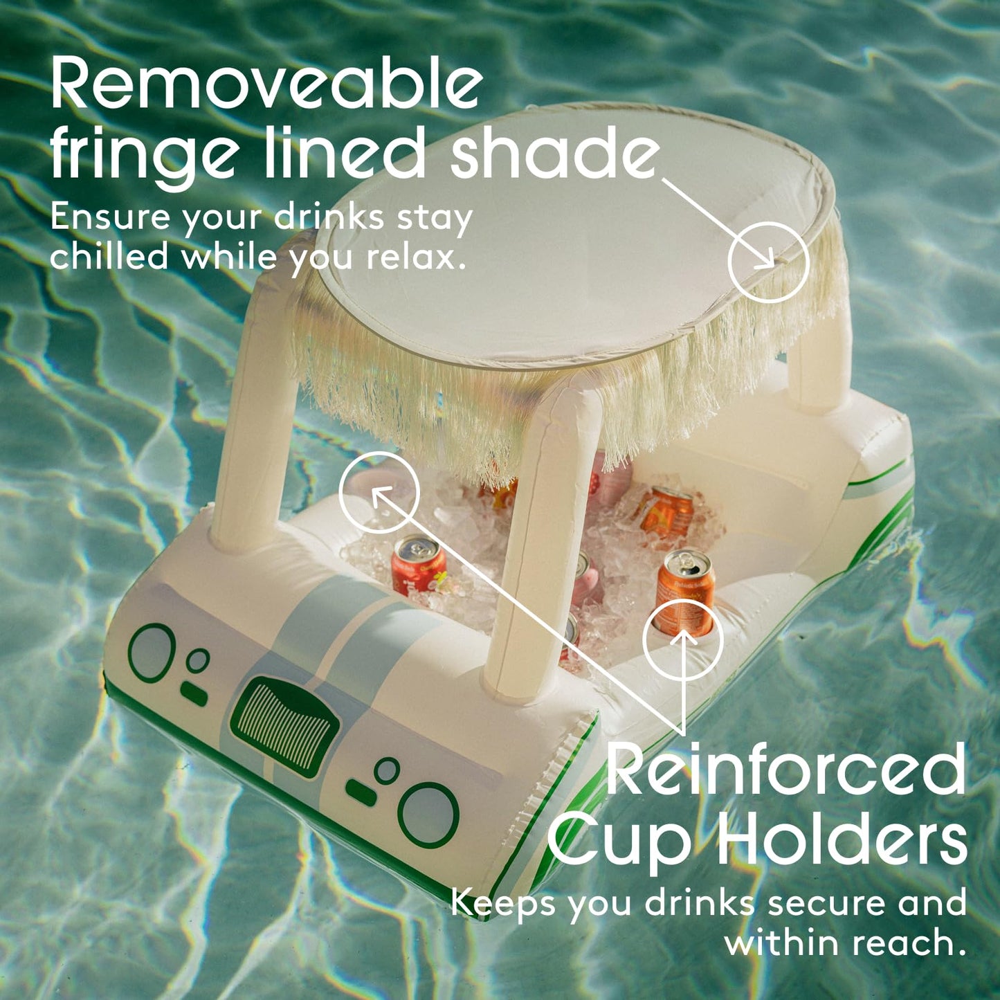 Golf Cart Inflatable Floating Drink Cooler, Pool Float with Cup Holders & Detachable Fringe Shade
