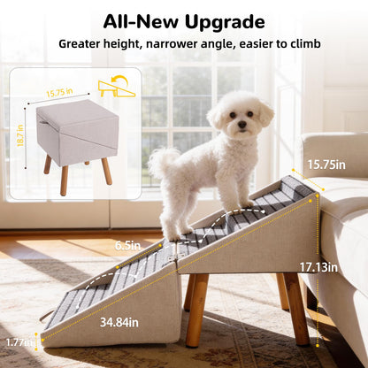 Foldable 2-in-1 Dog Stairs Ottoman, Non-Slip Wooden Pet Steps for Small Puppy & Senior Injured Dogs