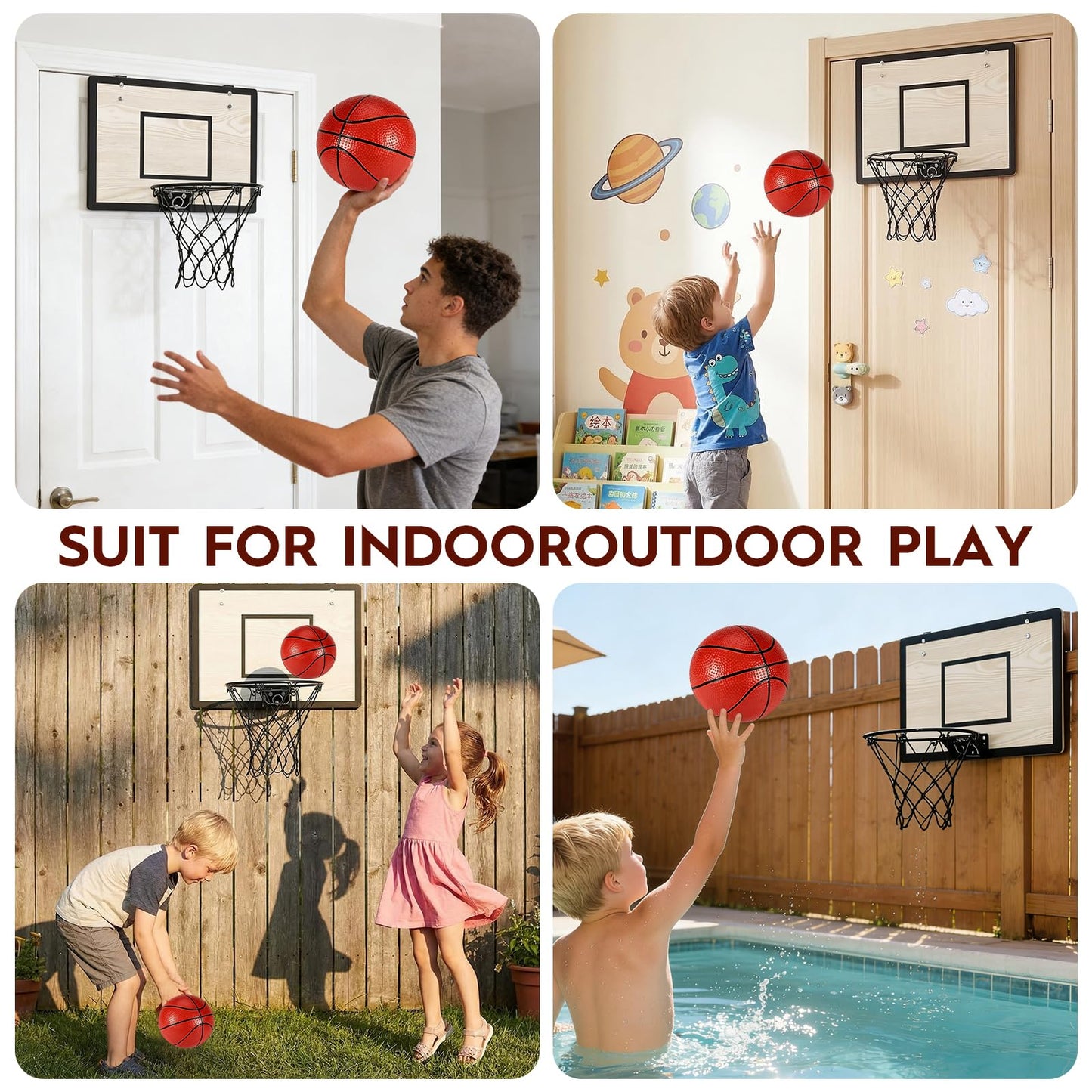 Wooden Over The Door Mini Basketball Hoop, Mini Hoop Set with 4 Balls & Pump for All Ages