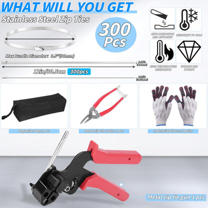 300Pcs 12 Inch Metal Zip Ties with Scissors, Heavy‑Duty Self‑Locking Cable Ties for Multipurpose Bundling