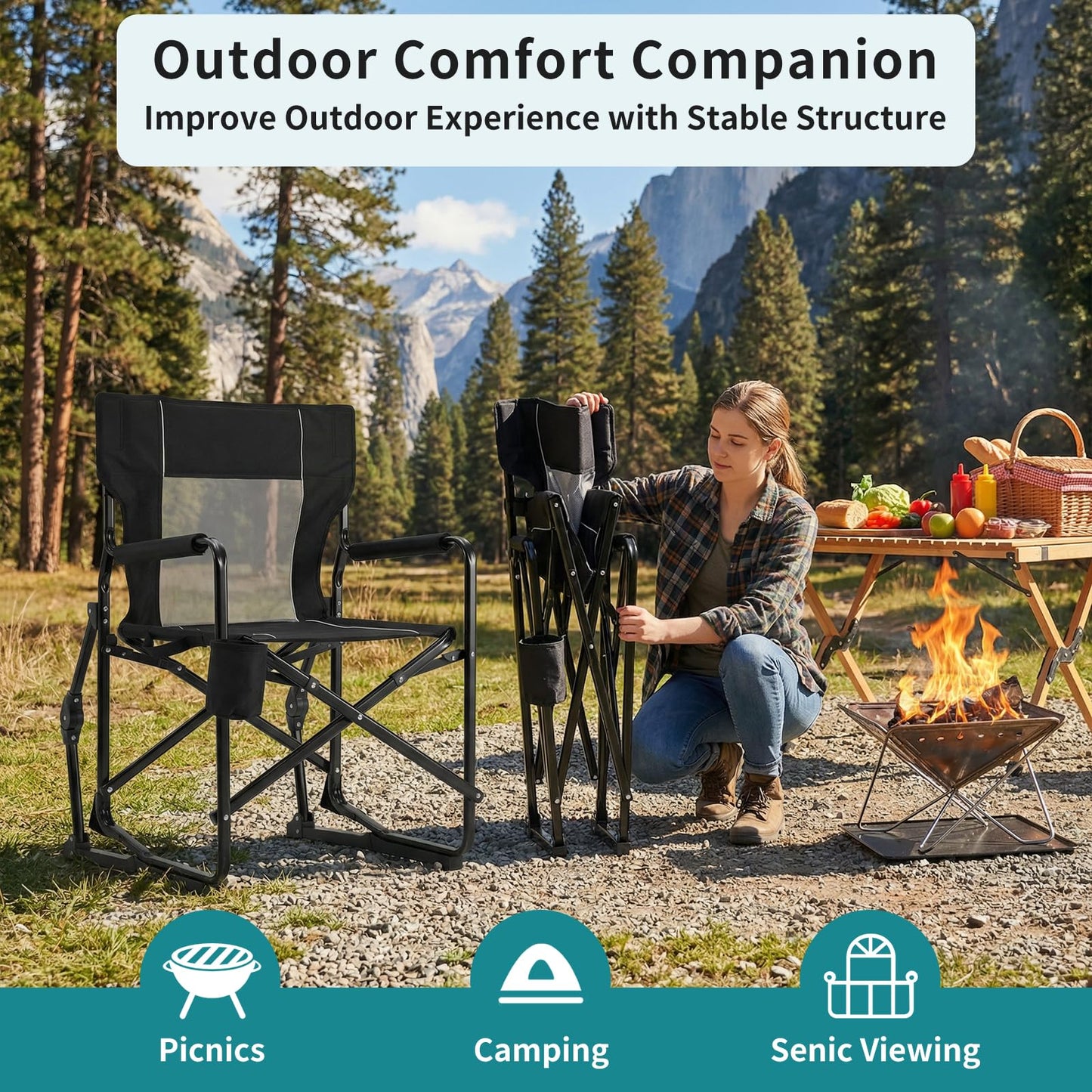 Portable Folding Rocking Chair, Mesh Back Camping Lawn Chair with Waterproof Armrests