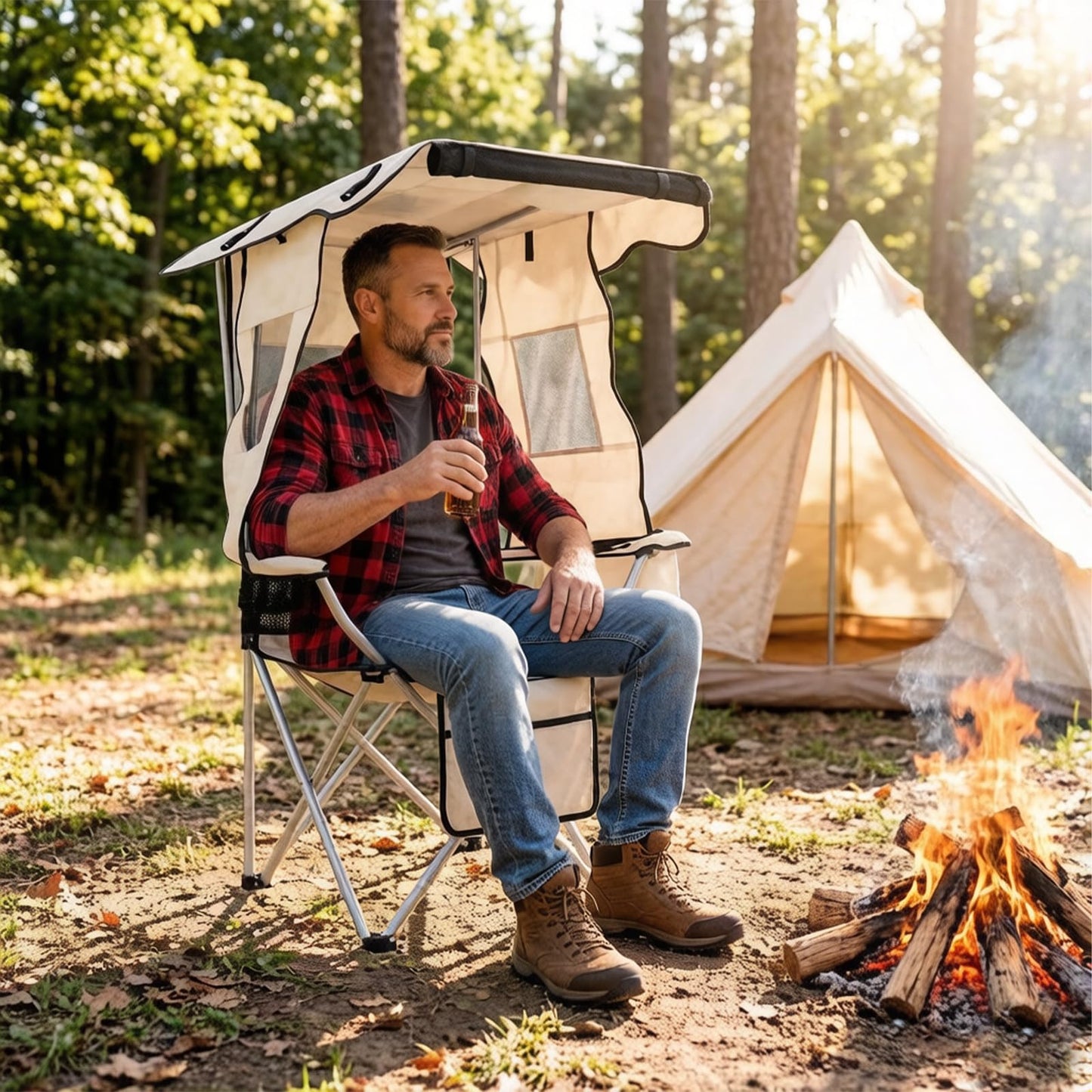 Camping Chair with Canopy, Outdoor Folding Lawn Recliner