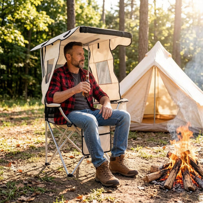 Camping Chair with Canopy, Outdoor Folding Lawn Recliner