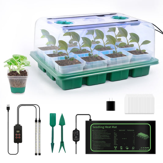 12‑Cell Seed Starting Kit with Grow Light, Graphene Heating Mat and Reusable Silicone Pots