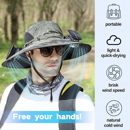 Unisex Wide Brim Sun Hat Built-in 2 Solar Cooling Fans, Waterproof Breathable Outdoor Fishing Bucket Hat