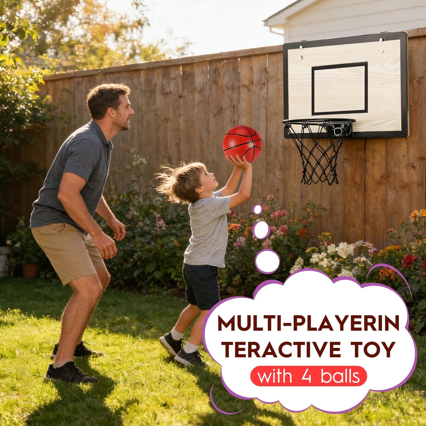 Wooden Over The Door Mini Basketball Hoop, Mini Hoop Set with 4 Balls & Pump for All Ages