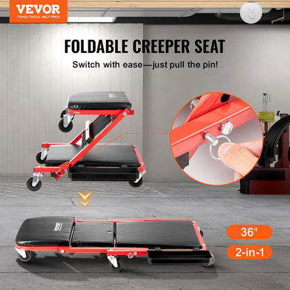 3-in-1 Z-Type Mechanic Creeper, 36 Inch Folding Under Car Rolling Garage Roller with Swivel Casters for Vehicle Repair