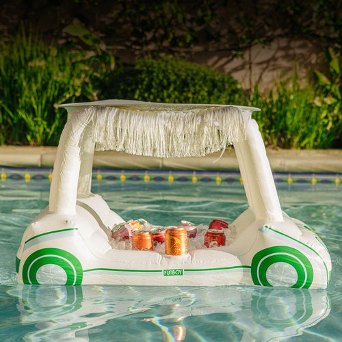 Golf Cart Inflatable Floating Drink Cooler, Pool Float with Cup Holders & Detachable Fringe Shade