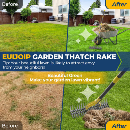 70‑Inch Metal Dethatching Rake, 15 Inch Wide Double‑Edged Sharp Tines for Lawn Care