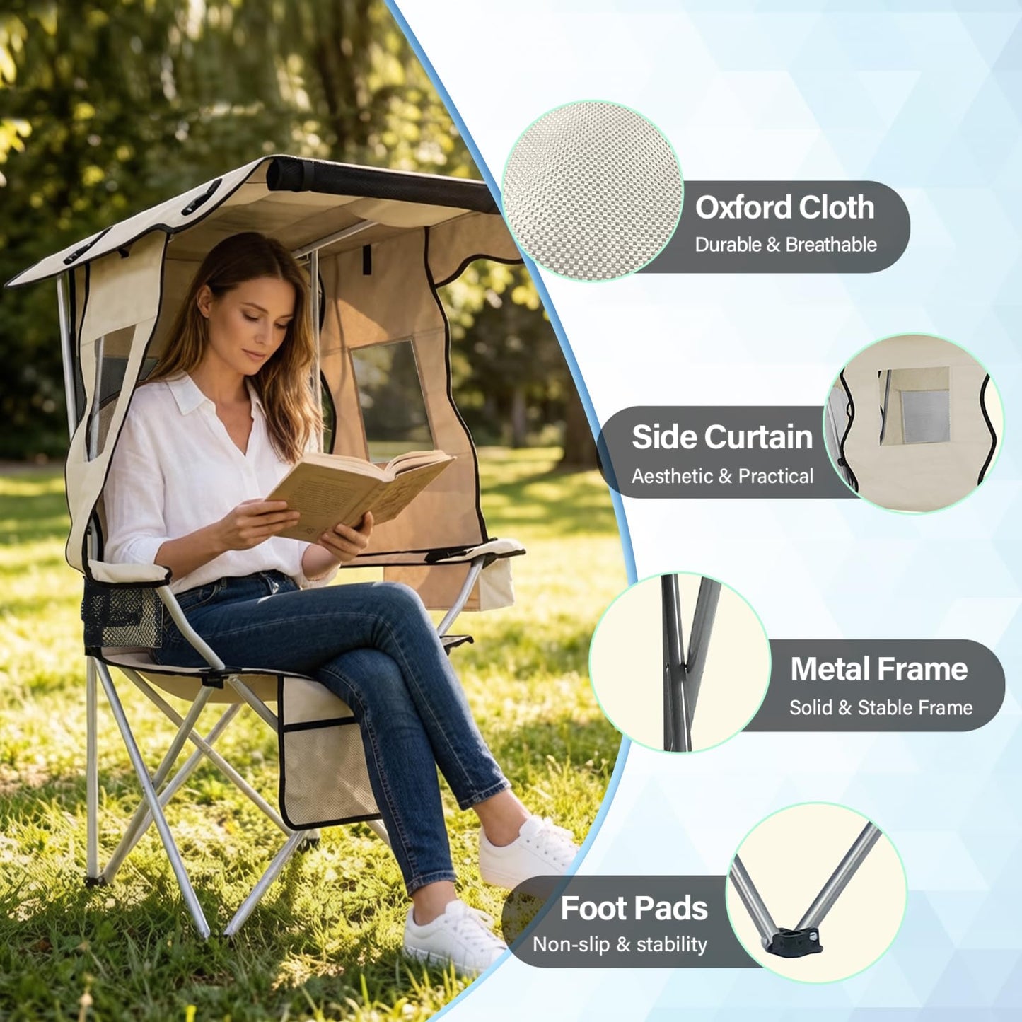 Camping Chair with Canopy, Outdoor Folding Lawn Recliner