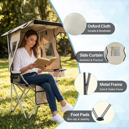Camping Chair with Canopy, Outdoor Folding Lawn Recliner