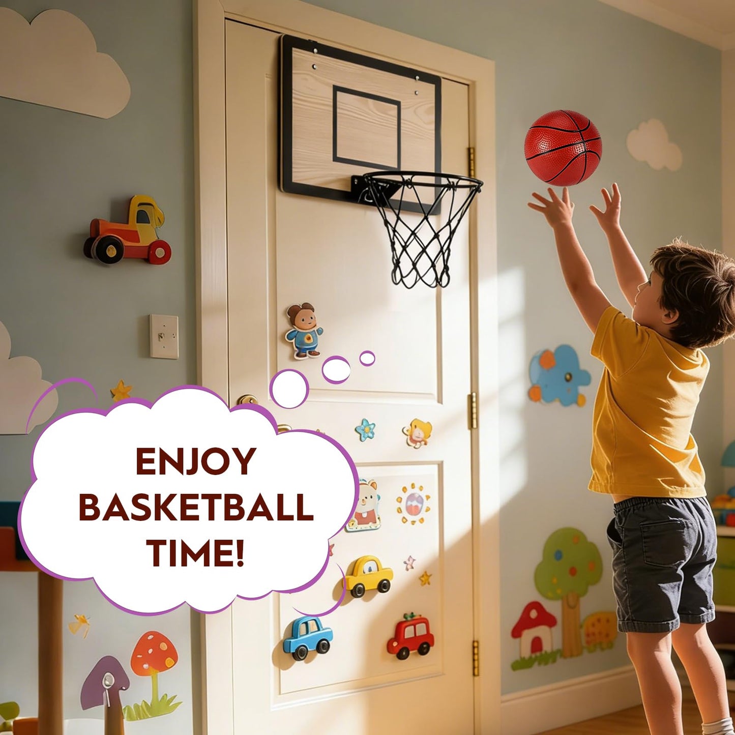 Wooden Over The Door Mini Basketball Hoop, Mini Hoop Set with 4 Balls & Pump for All Ages