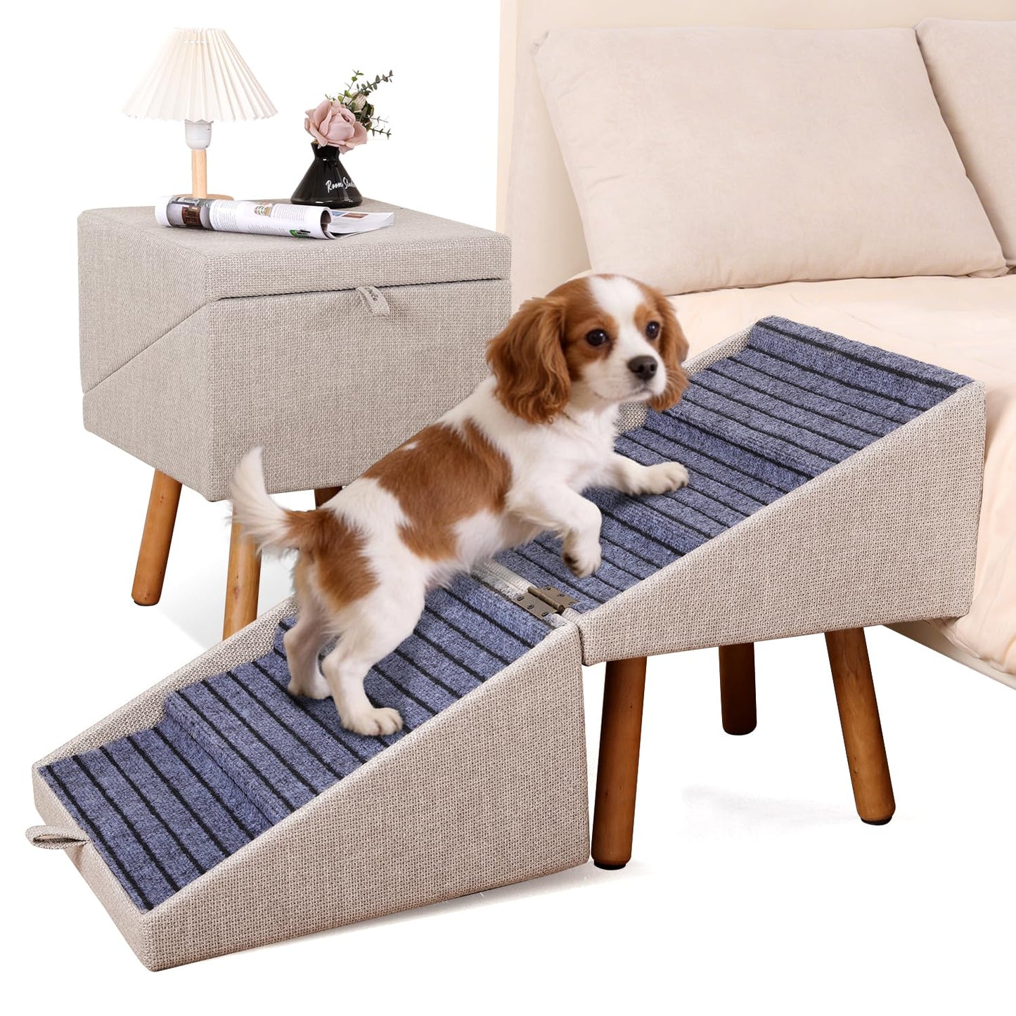 Foldable 2-in-1 Dog Stairs Ottoman, Non-Slip Wooden Pet Steps for Small Puppy & Senior Injured Dogs