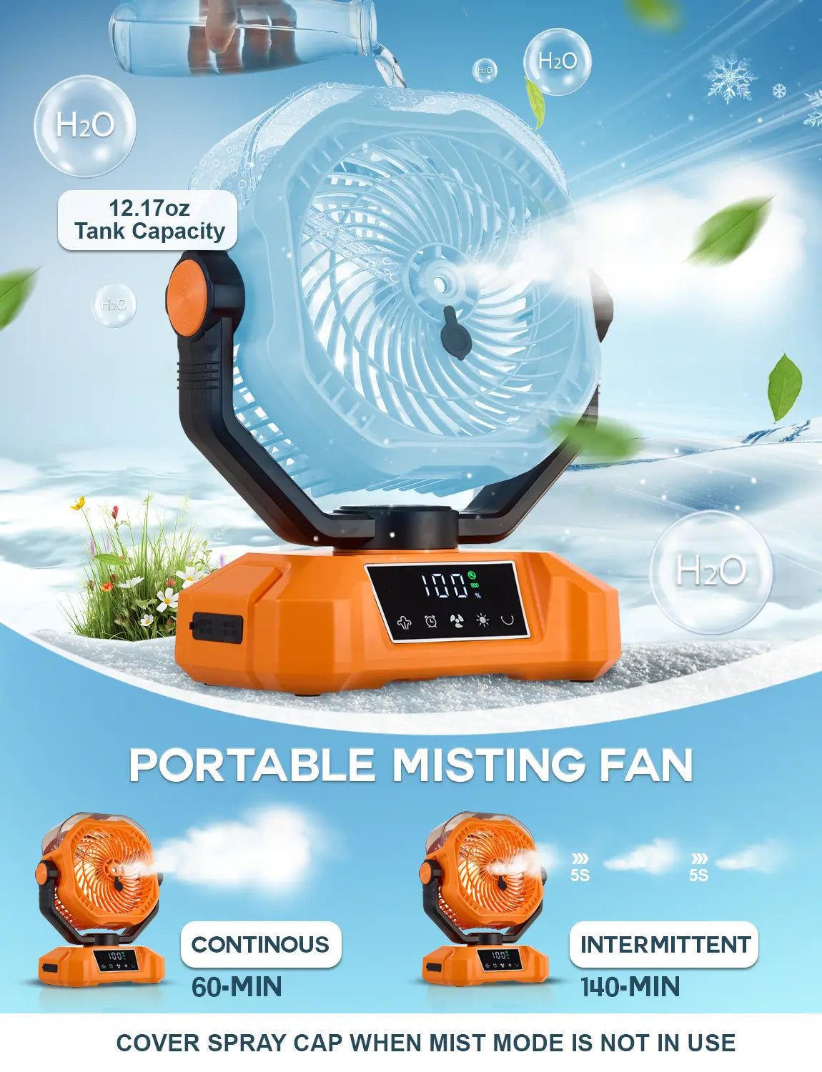 20000mAh Battery‑Powered Misting Fan, 90‑Degree Oscillating Hanging & Standing Outdoor Fan with LED Light