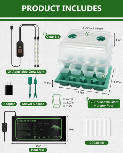 12‑Cell Seed Starting Kit with Grow Light, Graphene Heating Mat and Reusable Silicone Pots