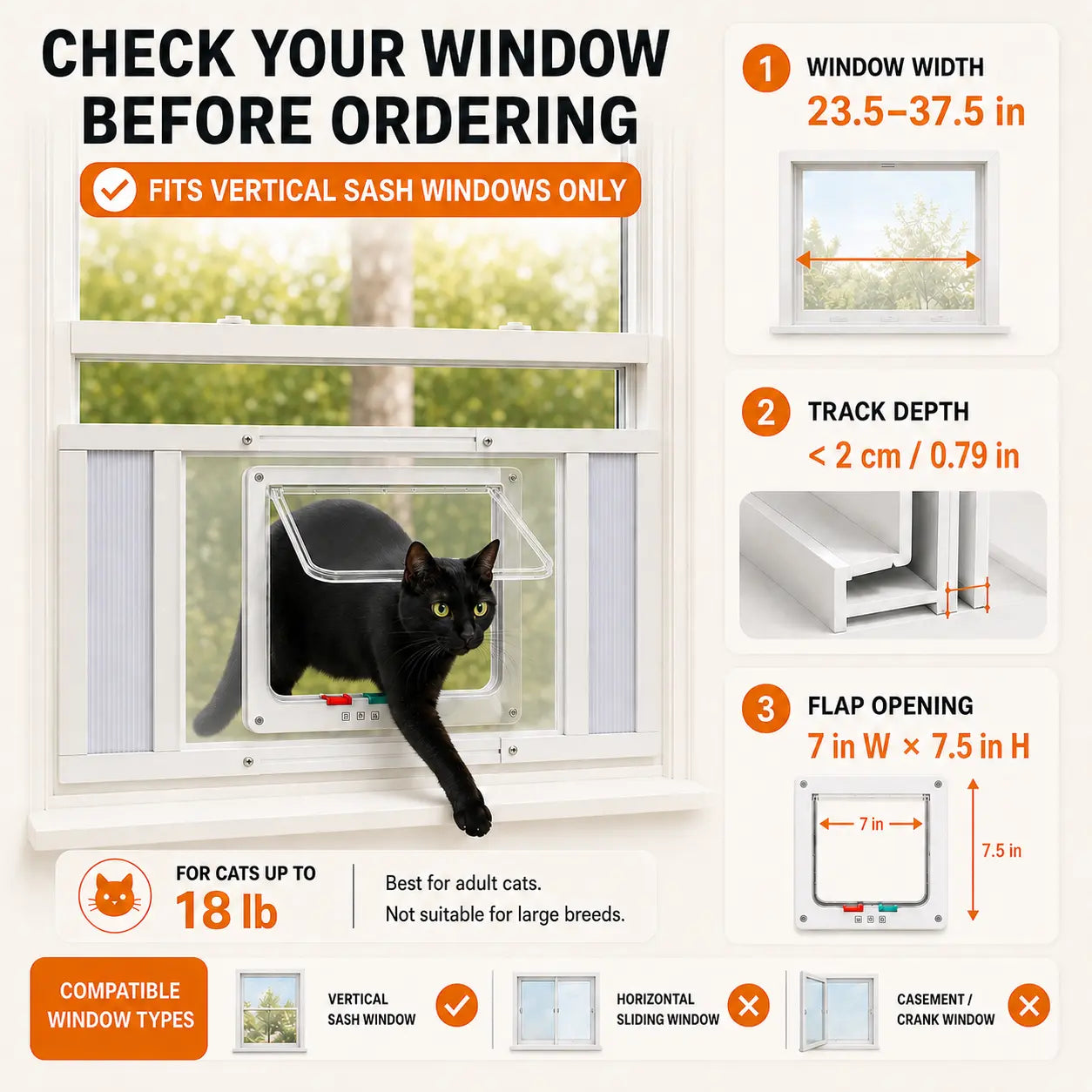No‑Drill Vertical Sash Cat Window Insert, Aluminum Frame Fits 23.5‑37.5 Inch Windows