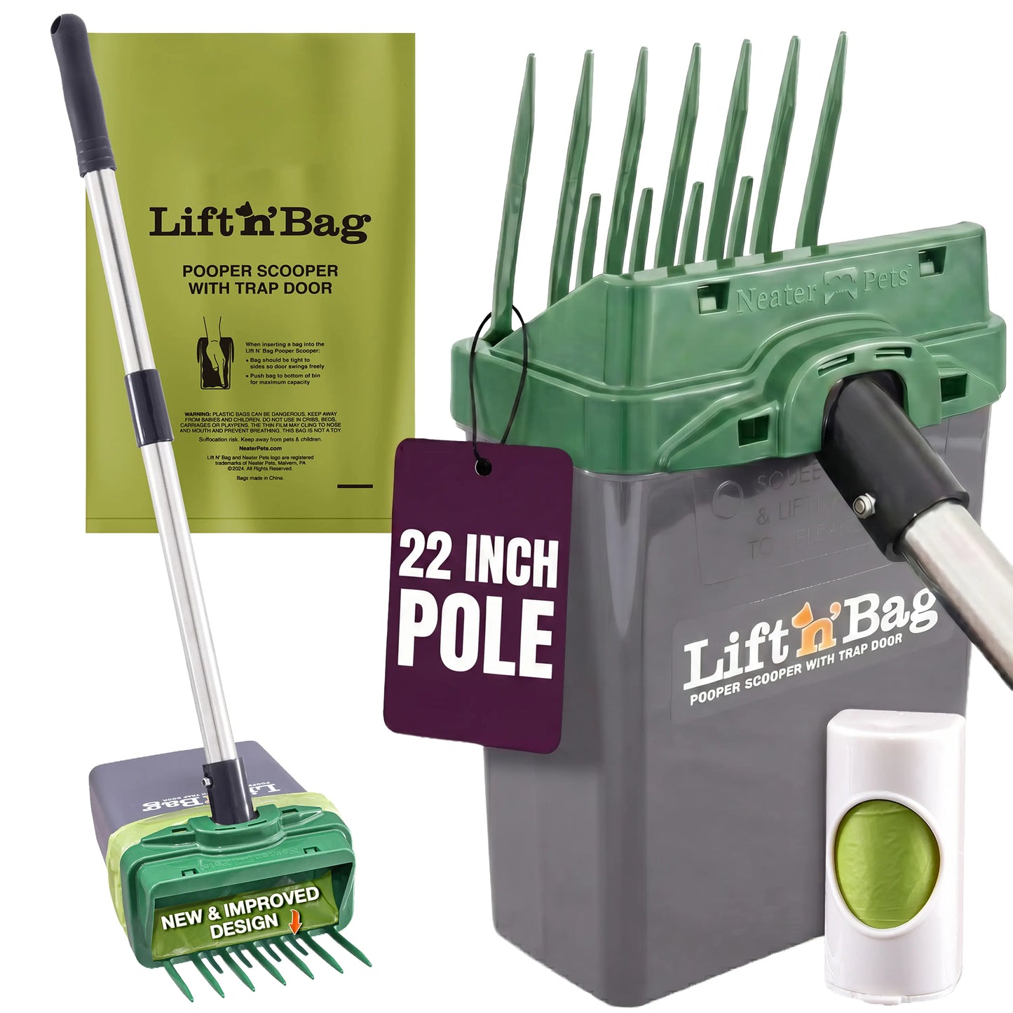 22" Pole One-Hand Dog Pooper Scooper, Scoop-to-Bag Pet Waste Cleaner