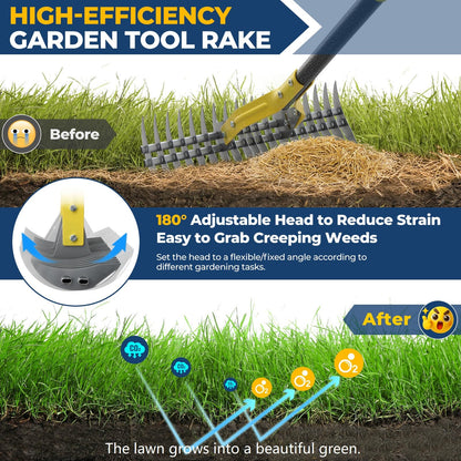 70‑Inch Metal Dethatching Rake, 15 Inch Wide Double‑Edged Sharp Tines for Lawn Care
