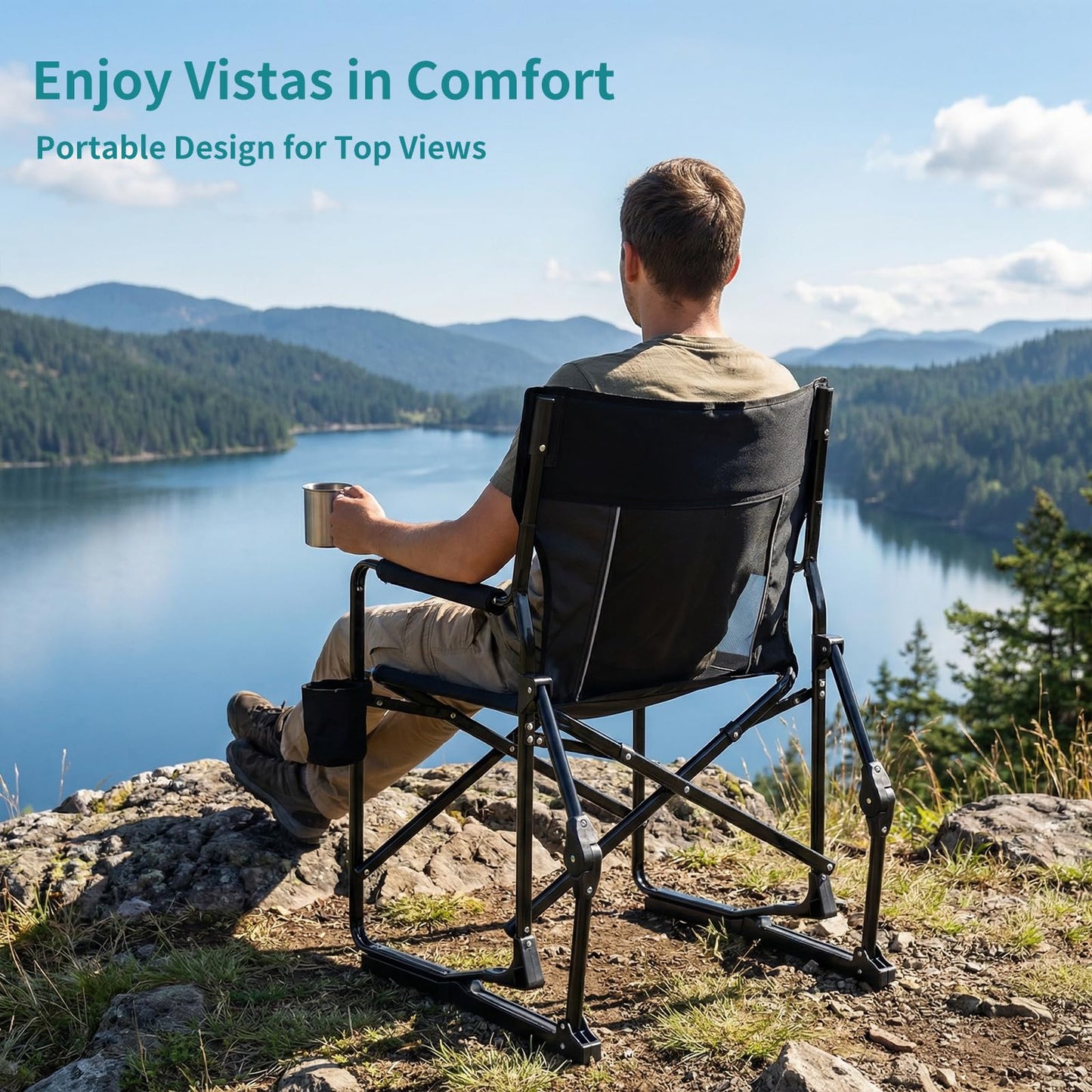 Portable Folding Rocking Chair, Mesh Back Camping Lawn Chair with Waterproof Armrests