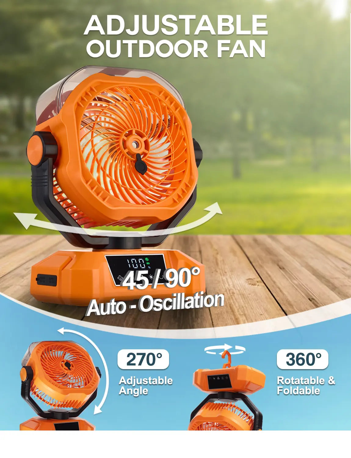 20000mAh Battery‑Powered Misting Fan, 90‑Degree Oscillating Hanging & Standing Outdoor Fan with LED Light